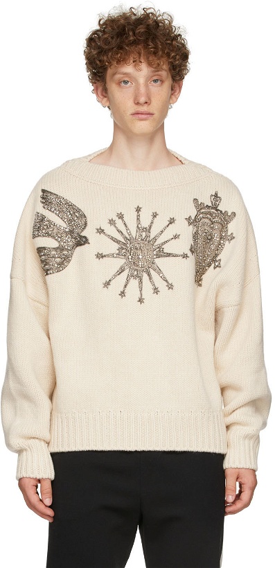 Photo: Alexander McQueen Off-White Crystal Embroidered Slash Neck Sweater