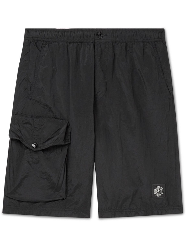 Photo: Stone Island - Straight-Leg Logo-Appliquéd Crinkled-Shell Shorts - Black