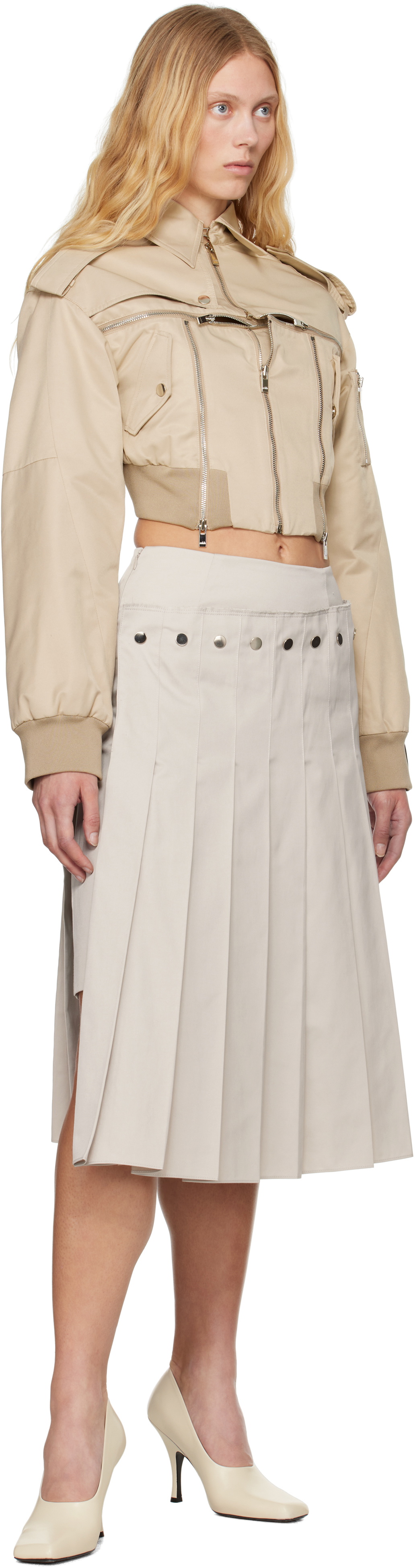 Rokh Beige Double Layered Pleated Midi Skirt