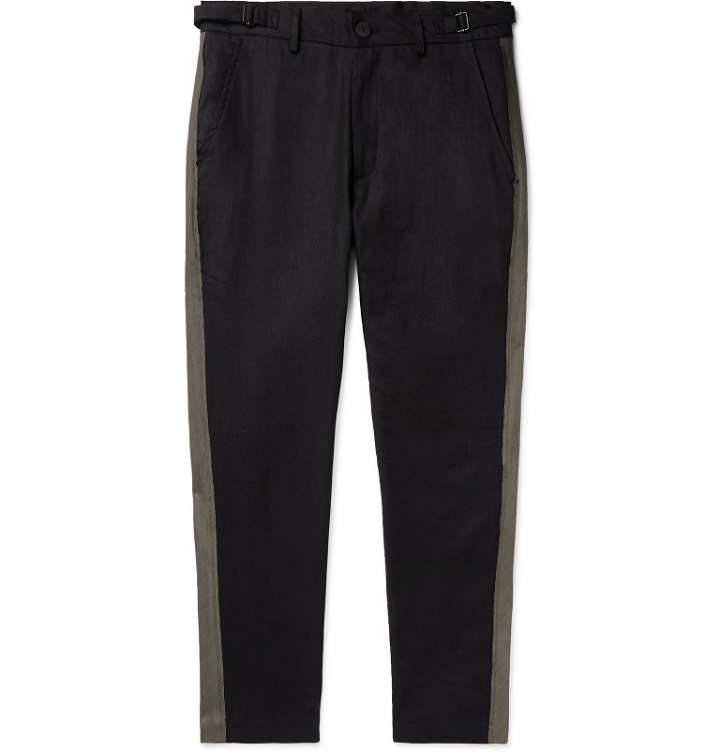 Photo: Isabel Benenato - Black Slim-Fit Tapered Striped Linen and Cotton-Blend Trousers - Black