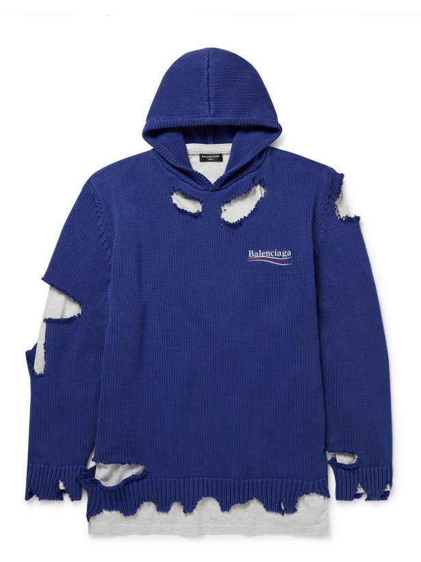 Photo: Balenciaga - Oversized Layered Distressed Logo-Embroidered Cotton Hoodie - Blue