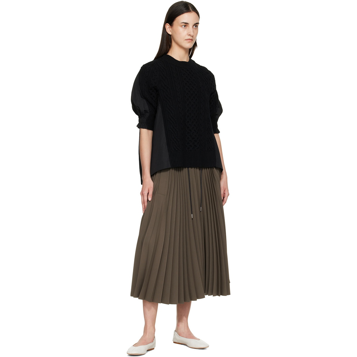 sacai Black Wool Knit x Cotton Poplin Pullover Sweater