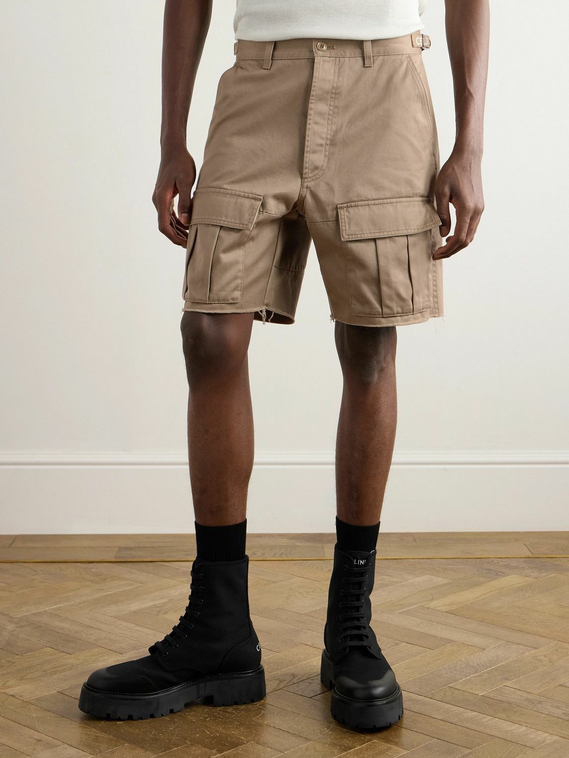 CELINE - Straight-Leg Distressed Cotton-Twill Cargo Shorts - Brown