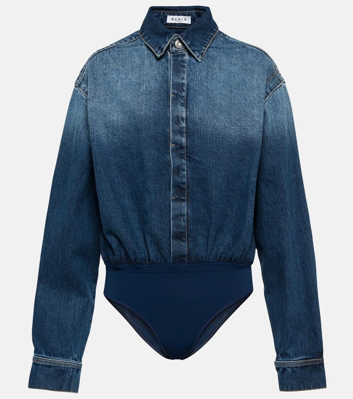 Blue Denim and jersey hooded bodysuit, ALAÏA