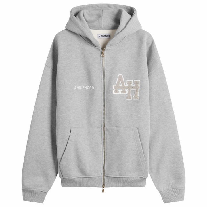 Photo: ANNIE HOOD Men's College Zip Hoodie in Grey/Grey