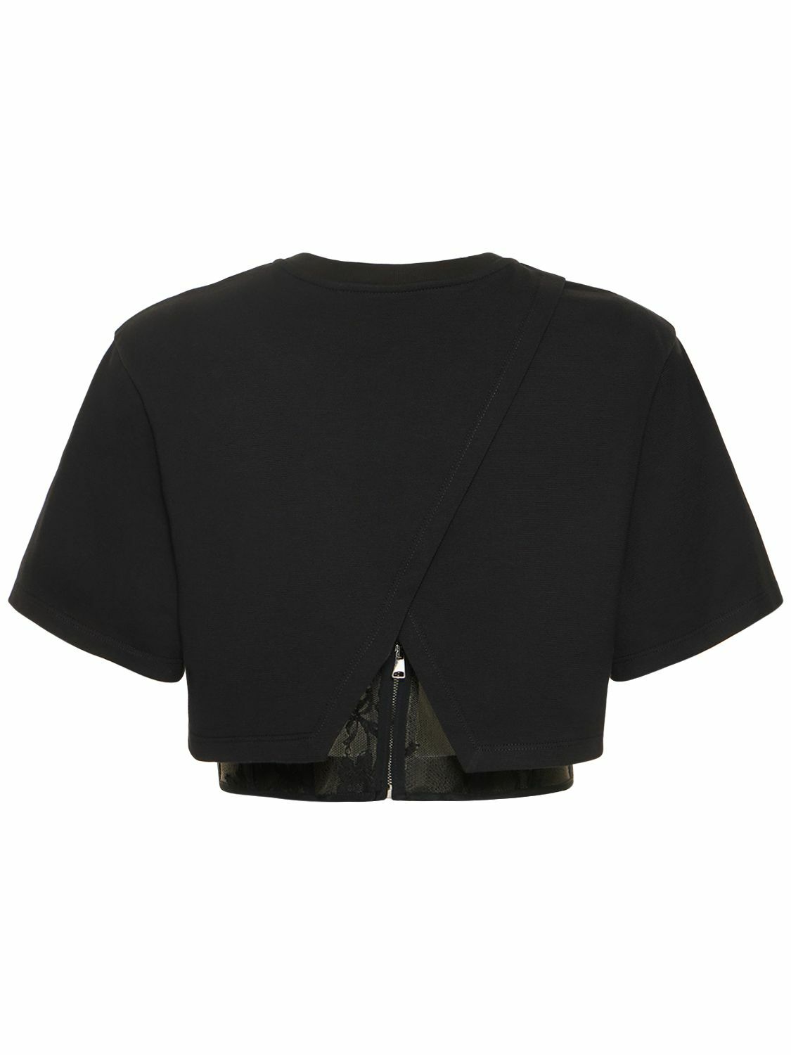 ALEXANDER MCQUEEN - Cropped Lace Panel Cotton T-shirt ALEXANDER MCQUEEN - Cropped Lace Panel Cotton T-shirt