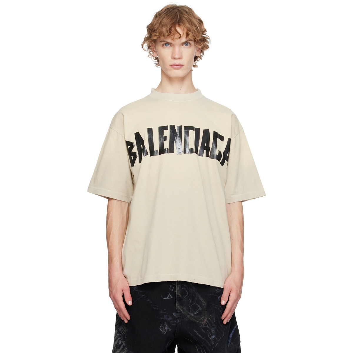 Balenciaga Beige Tape Logo Medium Fit T-shirt