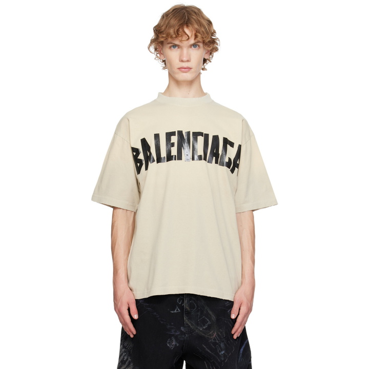 Photo: Balenciaga Beige Tape Logo Medium Fit T-shirt