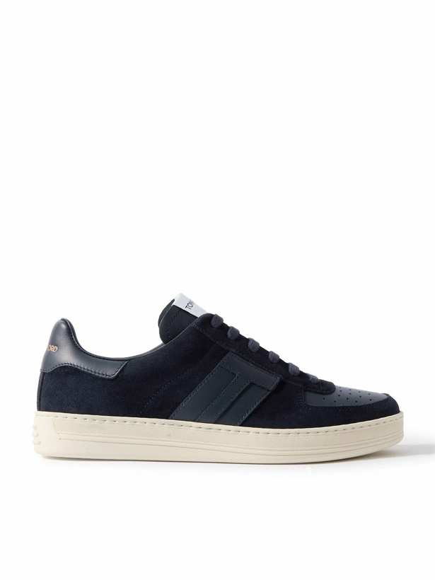 Photo: TOM FORD - Logo-Appliquéd Leather-Trimmed Suede Sneakers - Blue