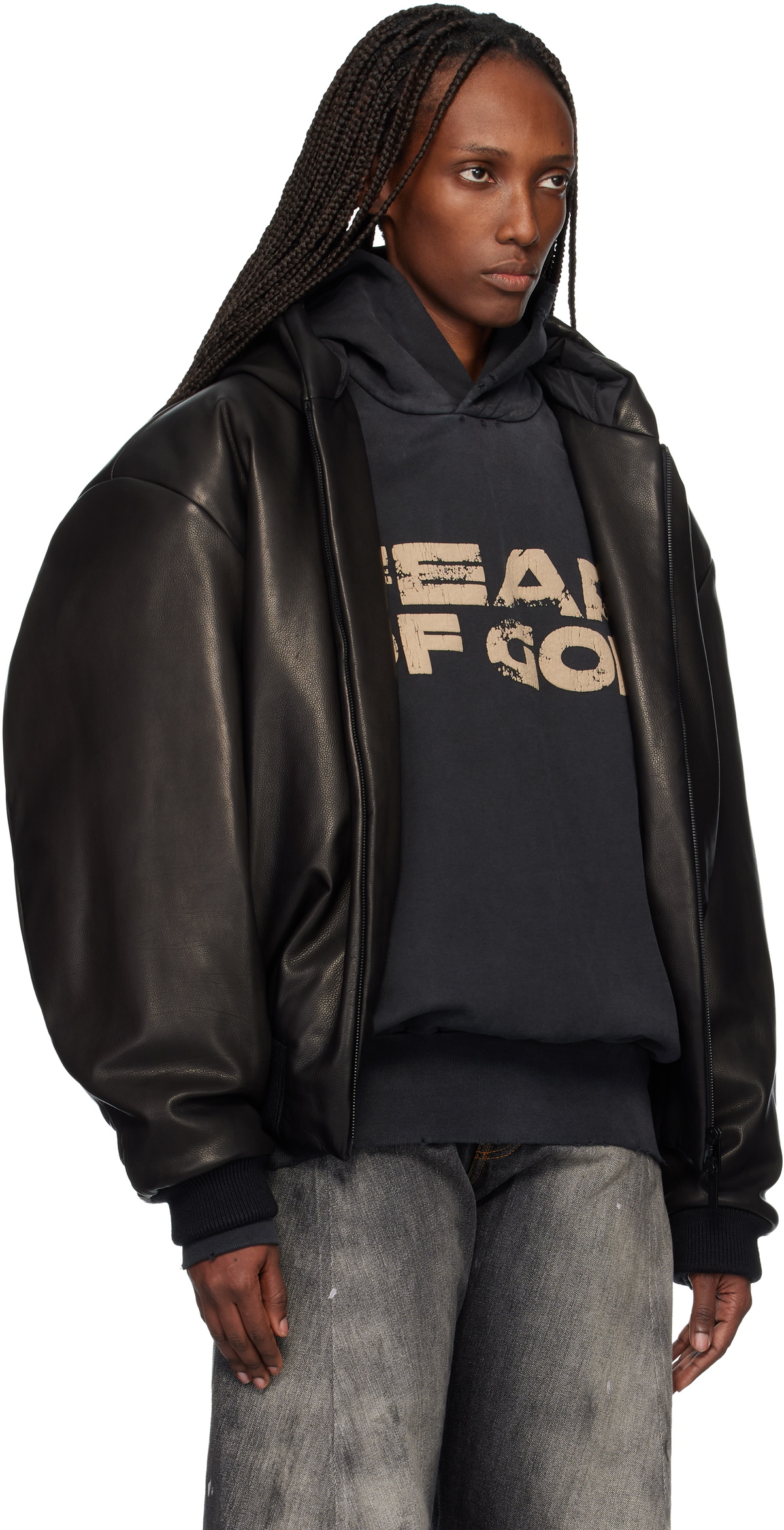 Fear of God Black Hooded Leather Bomber Jacket