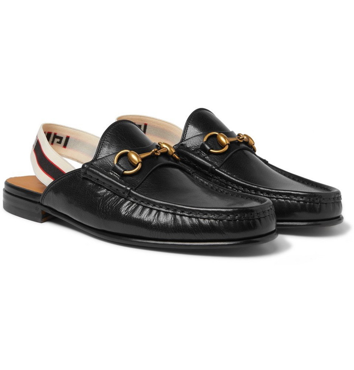 Photo: Gucci - Webbing-Trimmed Leather Backless Loafers - Men - Black