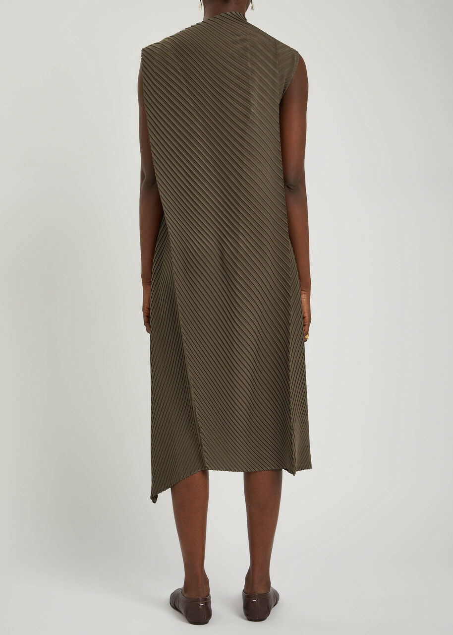 Issey Miyake Pleated Satin-plissé Midi Dress Khaki