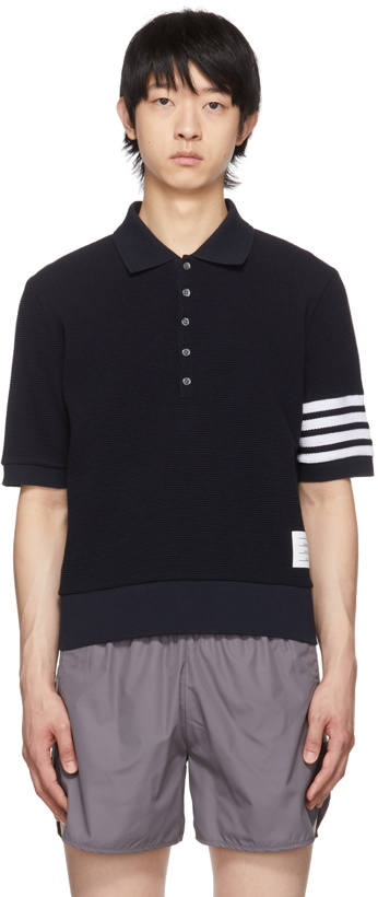 Photo: Thom Browne Navy Compact Waffle Polo