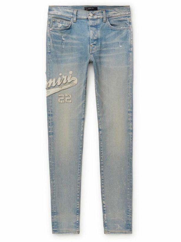 Photo: AMIRI - Varsity Skinny-Fit Leather-Appliquéd Jeans - Blue