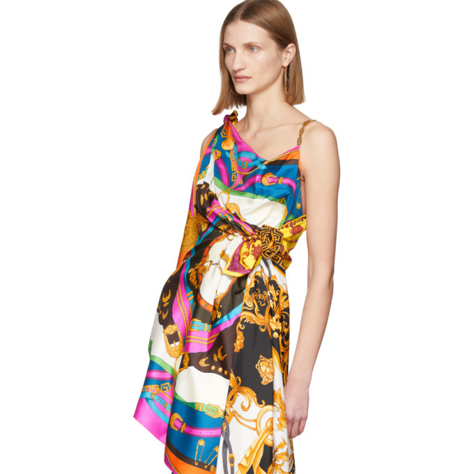 Versace Multicolor Mixed Print Draped Asymmetric Dress Versace
