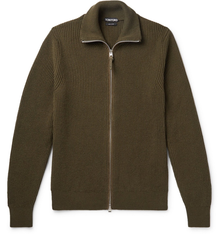 Photo: TOM FORD - Suede-Trimmed Ribbed Cashmere Cardigan - Green