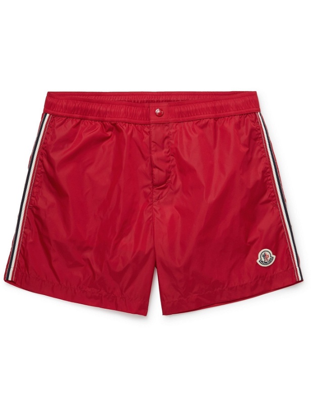 Photo: MONCLER - Mid-Length Logo-Appliquéd Striped Swim Shorts - Red - S