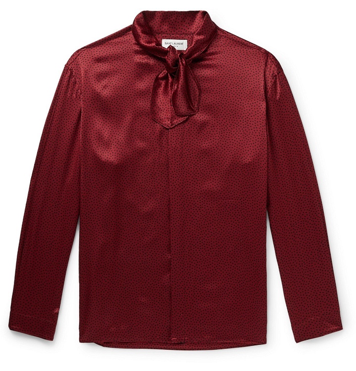 Photo: SAINT LAURENT - Tie-Detailed Polka-Dot Silk-Satin Shirt - Red