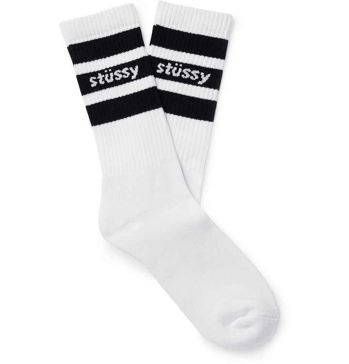 Photo: Stüssy - Logo-Intarsia Ribbed Cotton-Blend Socks - White