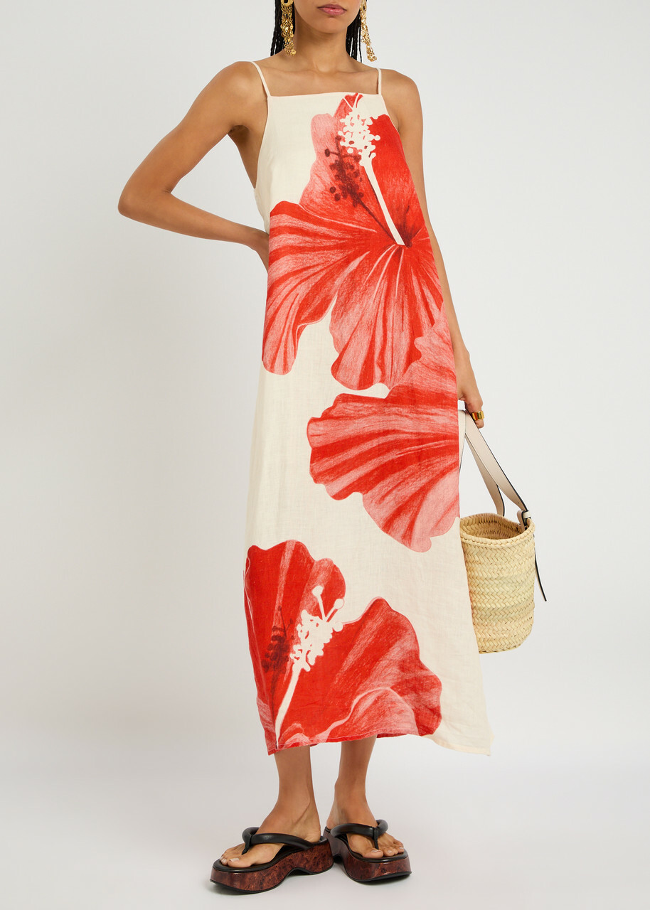 Desmond & Dempsey Floral-printed Linen Night Dress Red