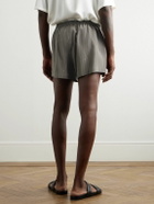 SAINT LAURENT - Straight-Leg Logo-Print Pinstriped Silk Shorts - Gray