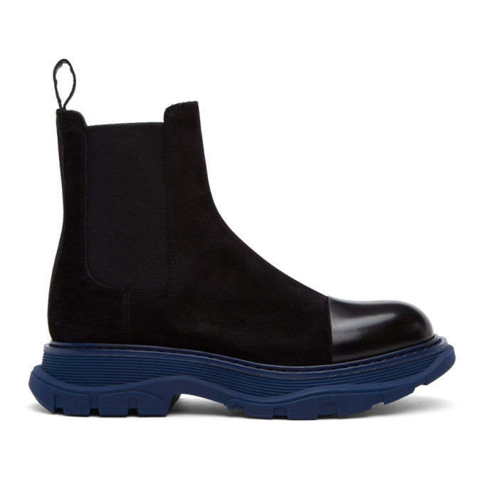 Photo: Alexander McQueen SSENSE Exclusive Black and Blue Suede Chelsea Boots