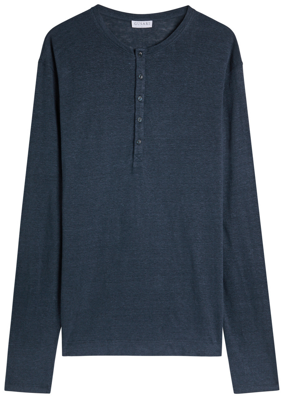 Gusari Long Sleeve Henley Linen T-shirt Navy