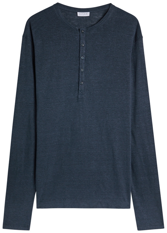 Photo: Gusari Long Sleeve Henley Linen T-shirt Navy
