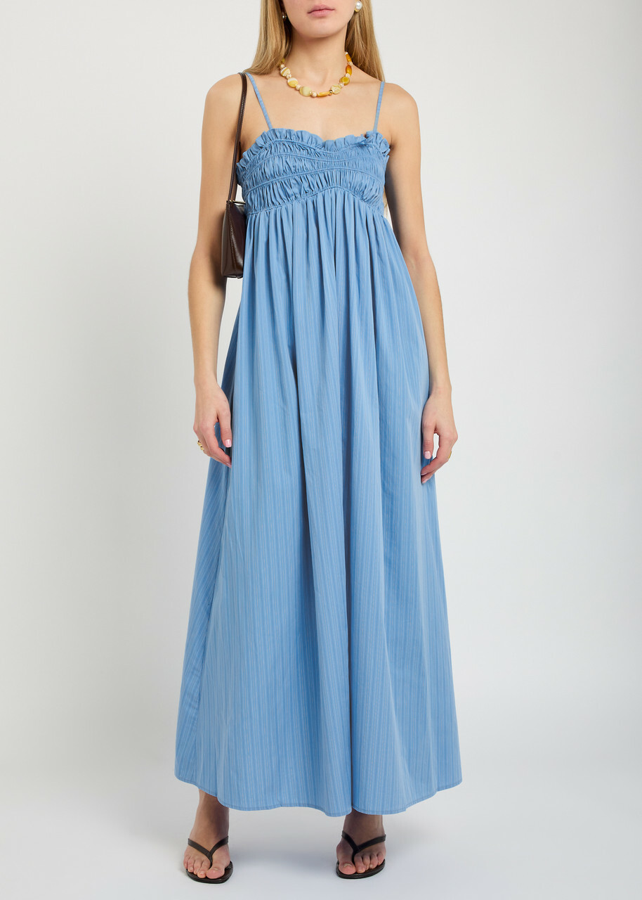 Faithfull The Brand Presa Pinstriped Cotton Maxi Dress Blue