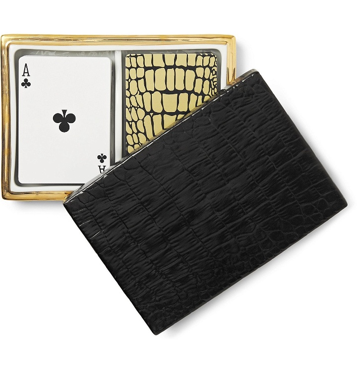 Photo: L'Objet - Crocodile-Effect Gold-Plated Porcelain Box with Two Decks of Playing Cards - Black