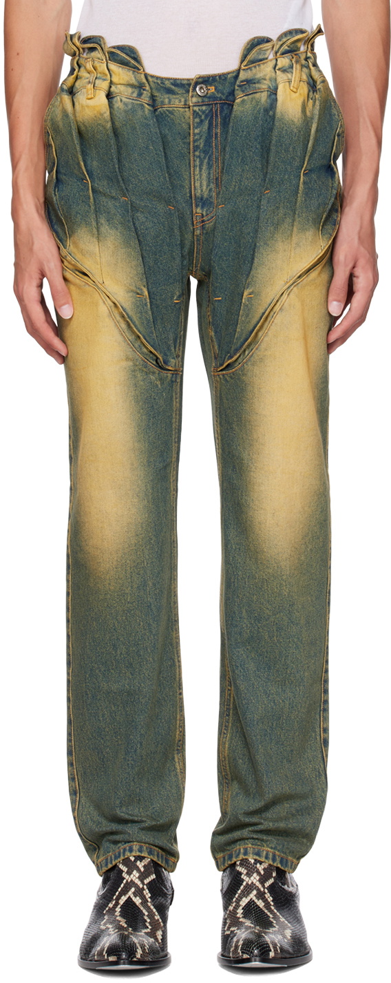 Juntae Kim Blue Gathered Corset Jeans