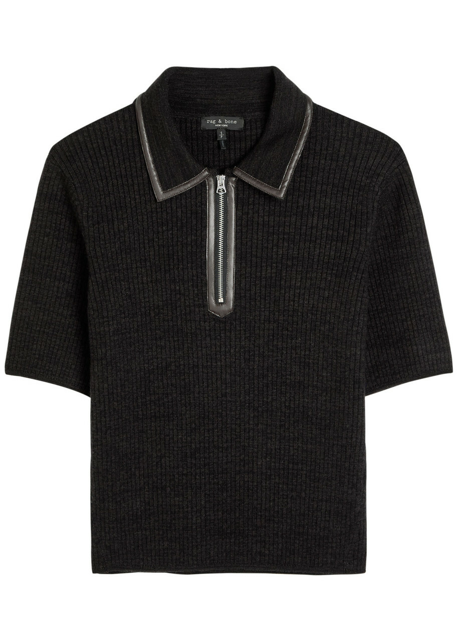 Rag & Bone Caterina Ribbed Wool-blend Polo top Dark Brown