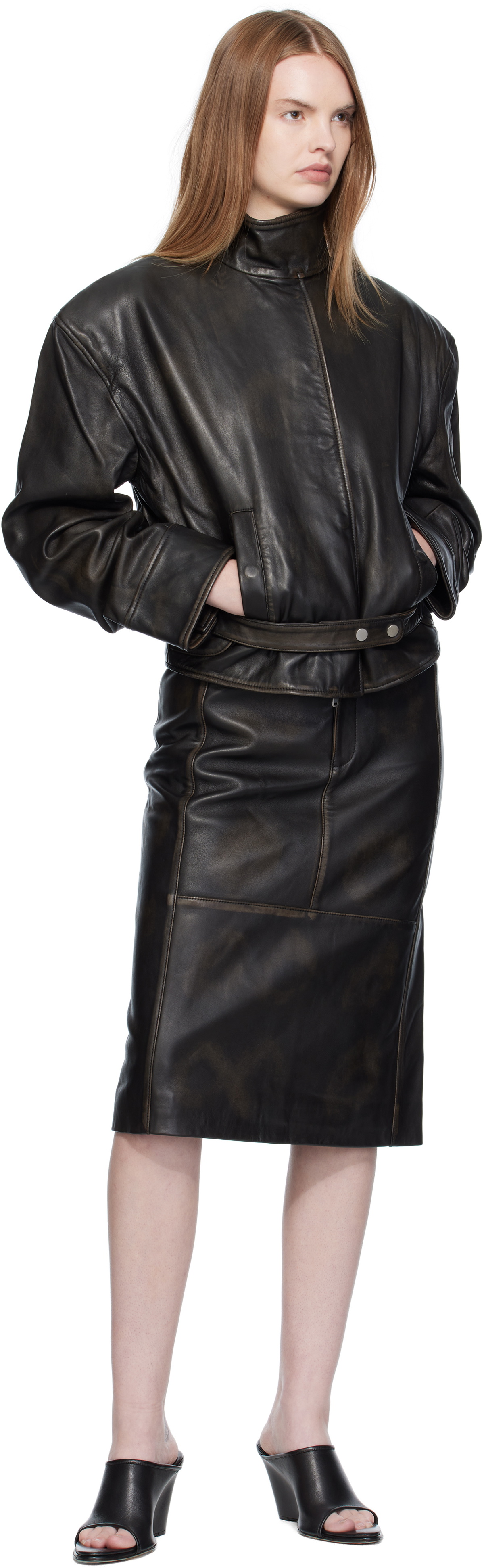 Christopher Esber Black Burnished Eddie Leather Midi Skirt