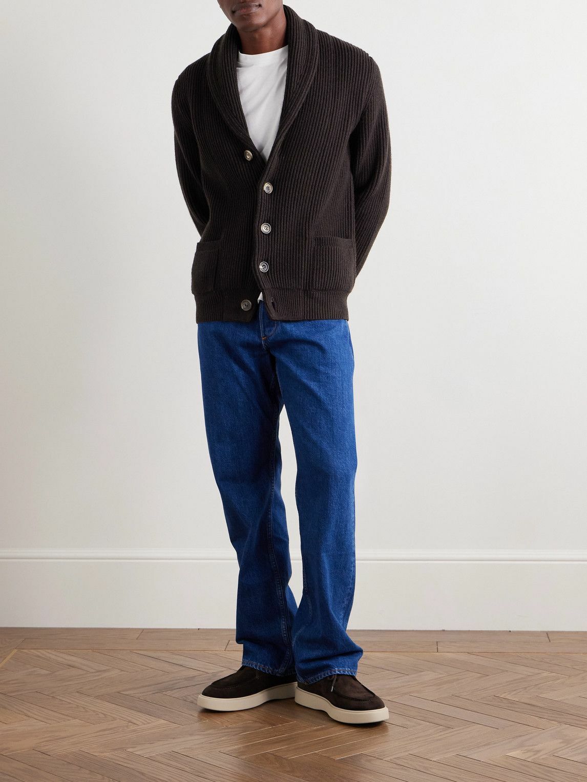 Anderson & Sheppard - Shawl-Collar Ribbed Wool and Cashmere-Blend Cardigan - Brown