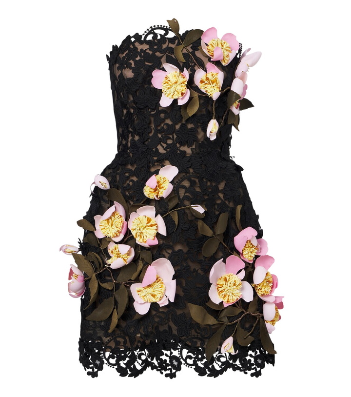 Photo: Oscar de la Renta Floral-appliqué guipure lace bustier dress