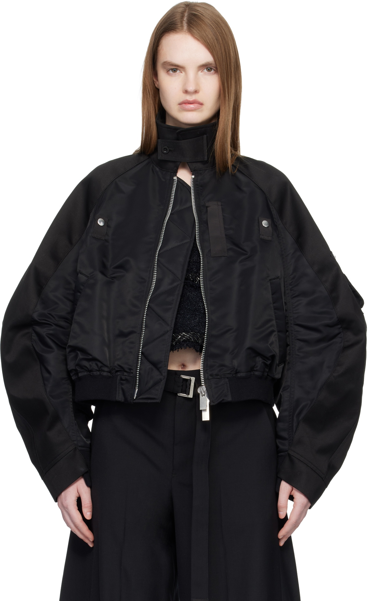 sacai Black Cotton Chino & Nylon Twill Bomber Jacket