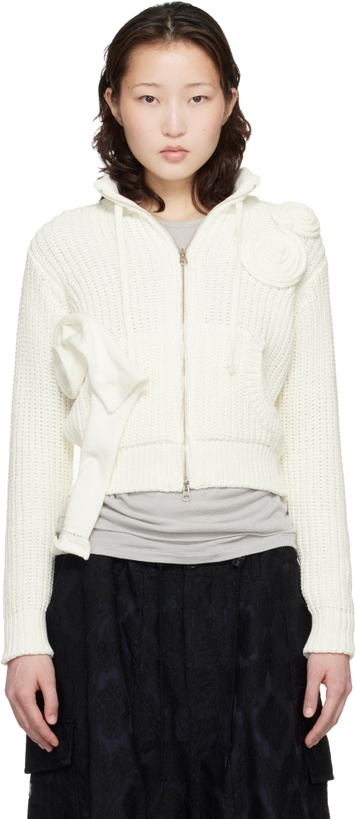 Photo: OPEN YY Off-White Applique Knit Zipup Sweater