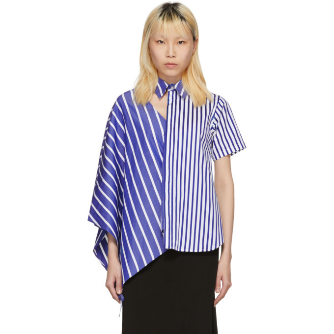 Facetasm Blue and White Striped Asymmetric Shirt