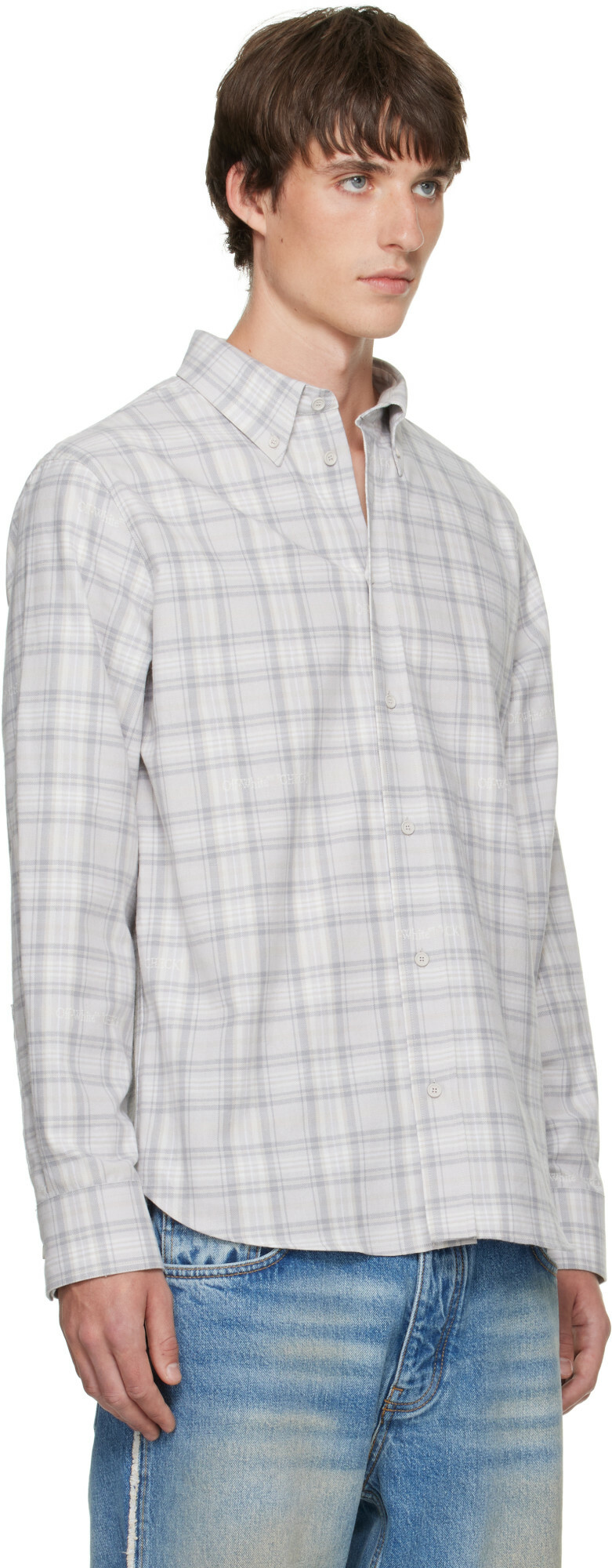 Off-White Gray Handstyle Logo Check Flannel Shirt