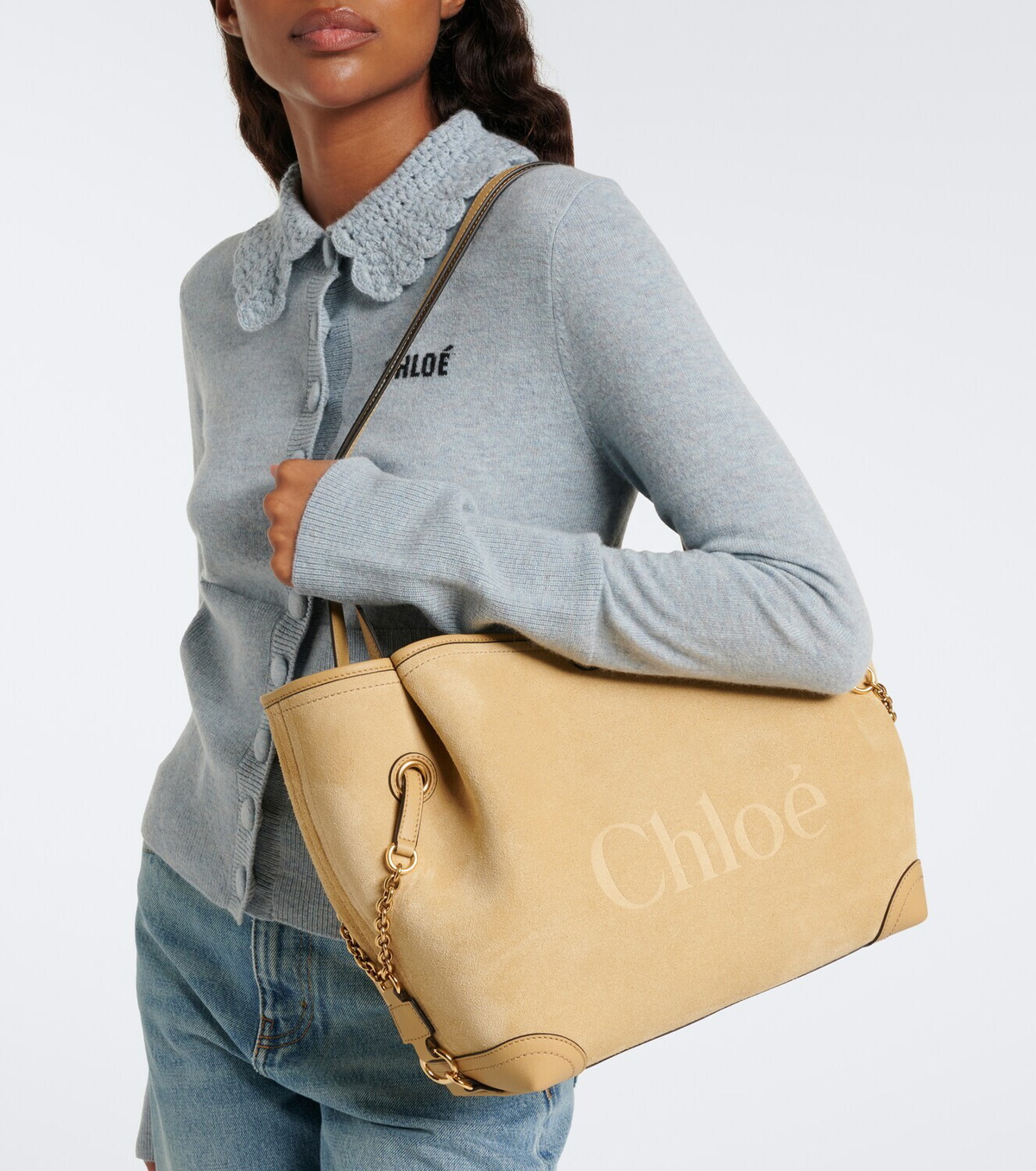 Chloé Chloé Clover leather-trimmed suede tote bag
