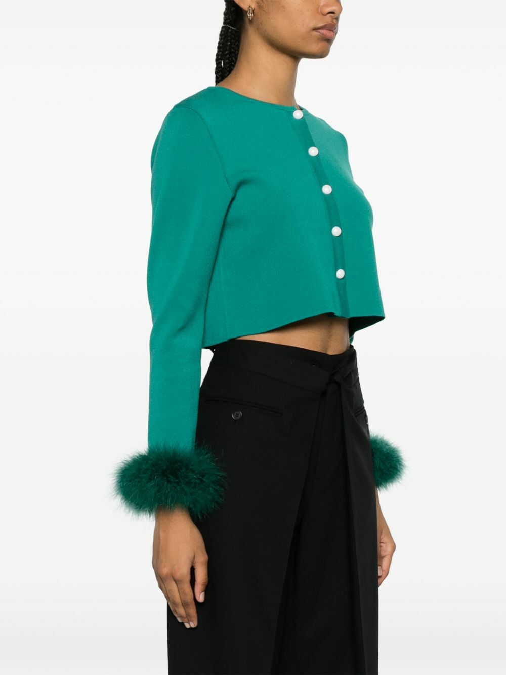 Sleeper Green Detachable-Feather Trim Cardigan Sleeper