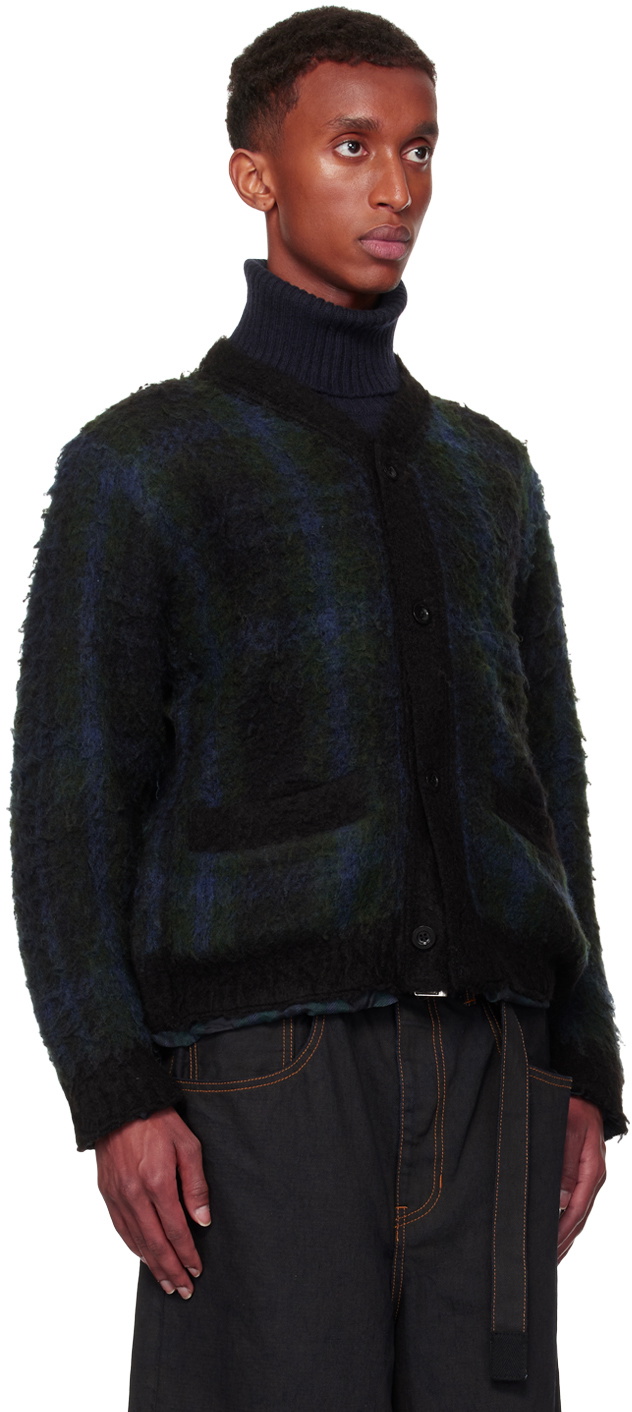 sacai Black & Green Plaid Knit Cardigan Sacai