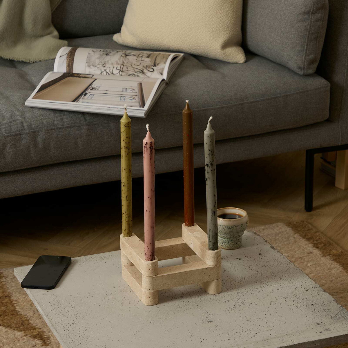 ferm LIVING Newel Modular Candle Holder - Set of 6 in Travertin 