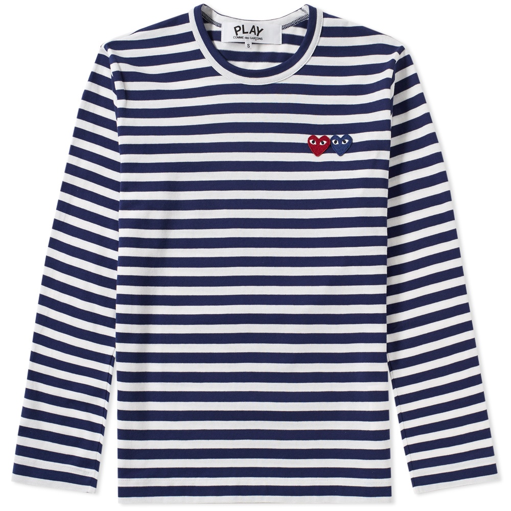 Photo: Comme des Garcons Play Double Heart Long Sleeve Stripe Tee Blue