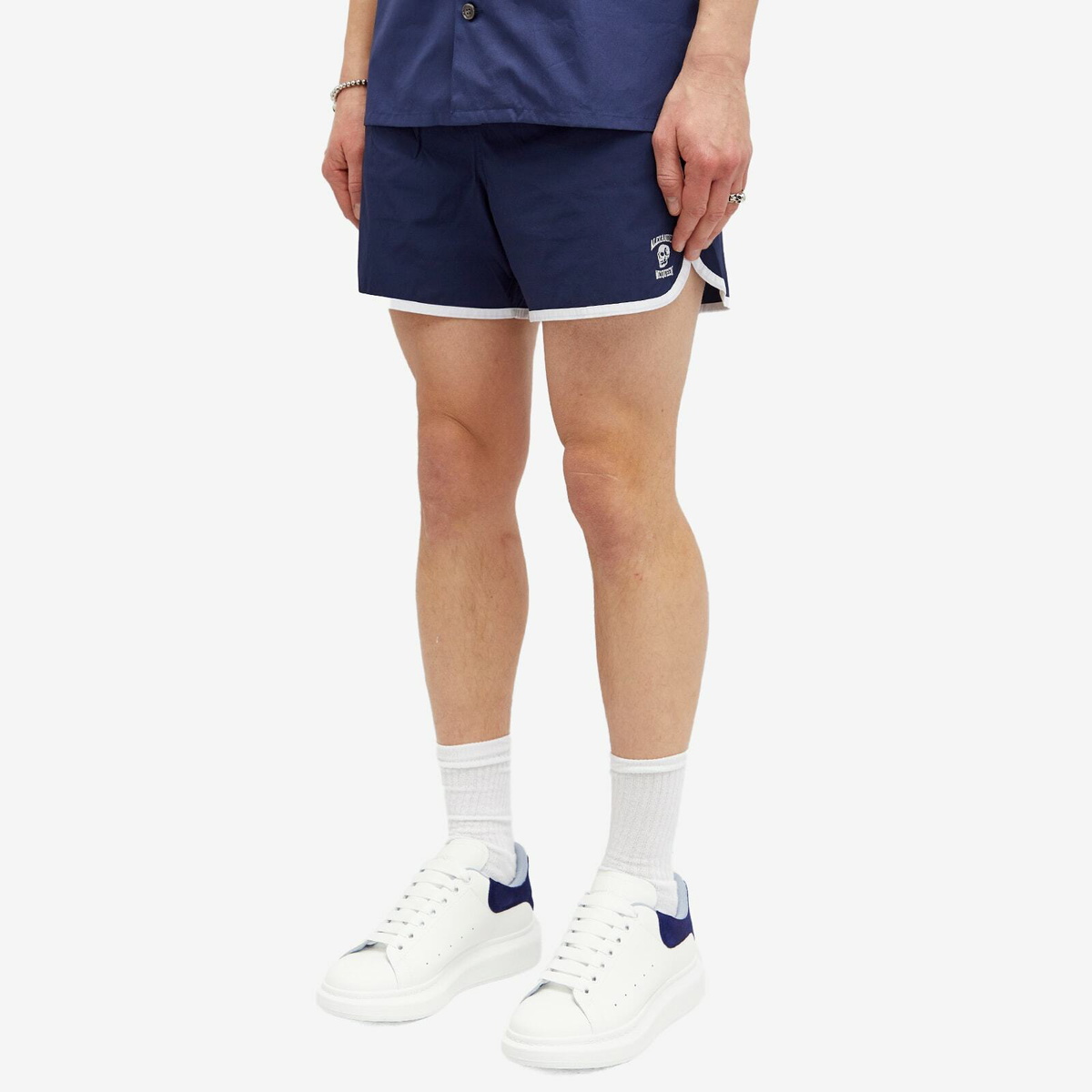 Alexander McQueen Men's Varsity Skull Logo Swim Shorts in Indigo/White