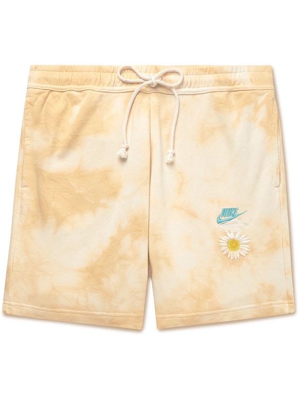 Photo: Nike - Straight-Leg Logo-Embroidered Tie-Dyed Cotton-Blend Jersey Drawstring Shorts - Yellow