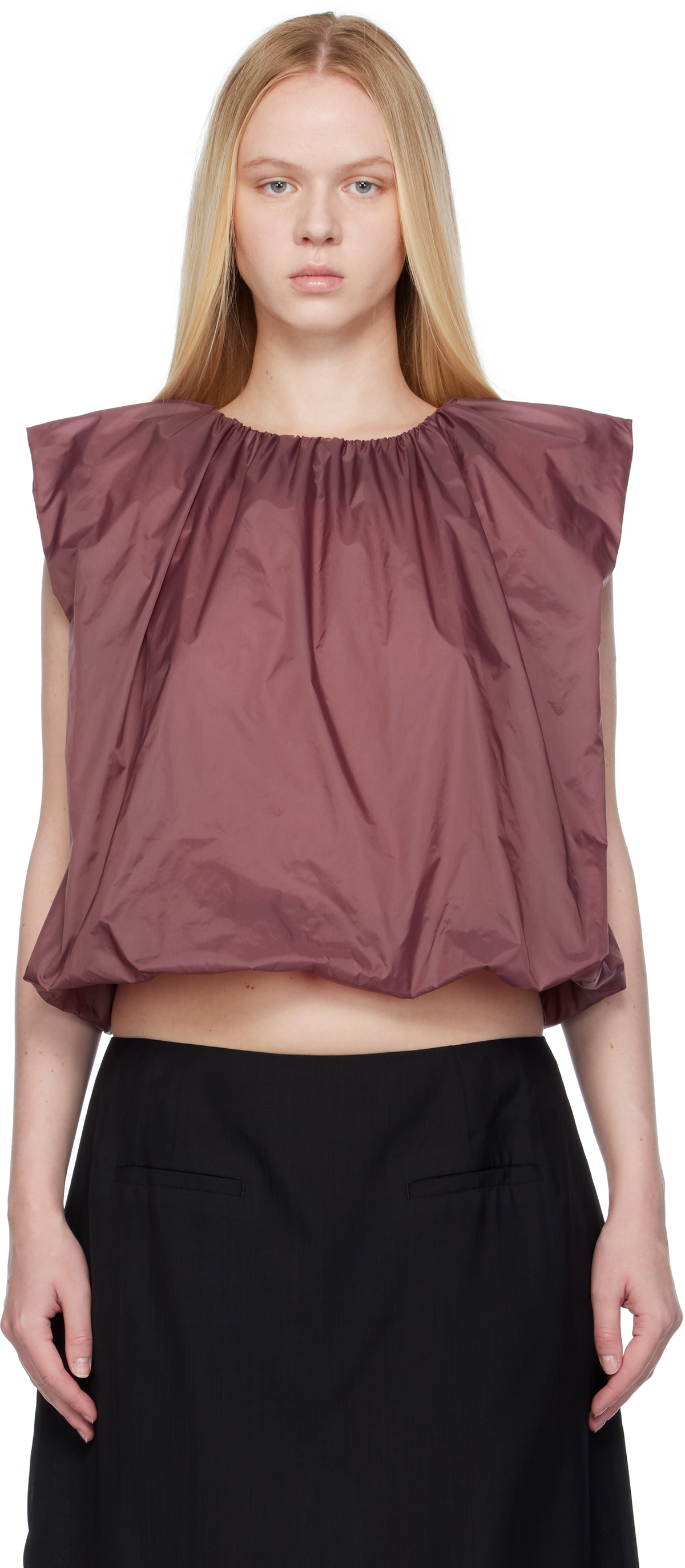 AMOMENTO Purple Nylon Volume Shirring Top