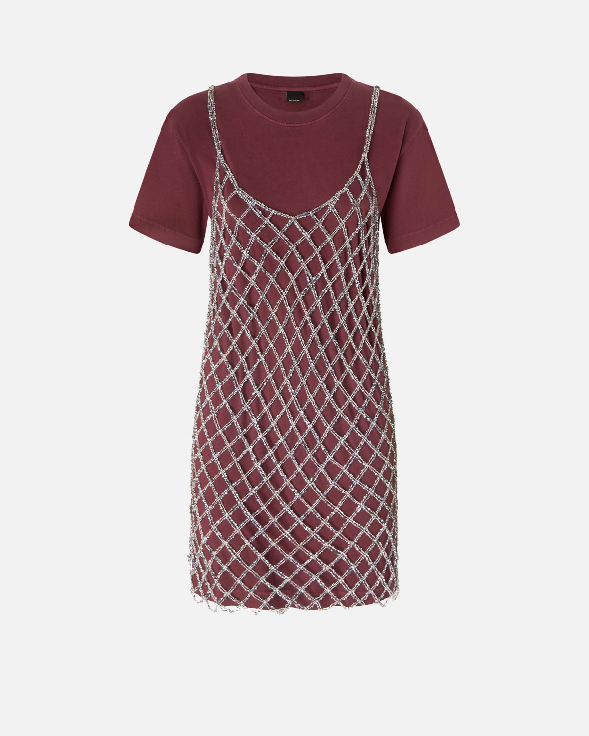 Pinko Short T Shirt Dress Combined With Sequin Dress Burgundy/Silver Pinko