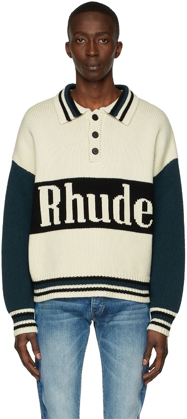 Photo: Rhude Off-White & Green Knit Logo Rugby Polo