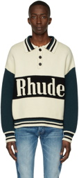 Rhude Off-White & Green Knit Logo Rugby Polo